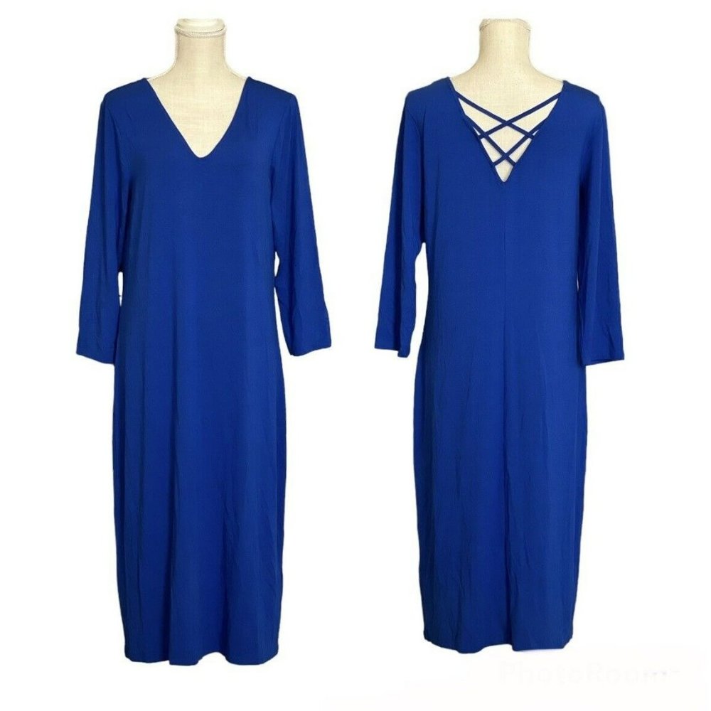 NWT LONG TALL SALLY BLUE CROSS BACK V NECK STRETCHY LARGE L/SLV JERSEYMIDI DRESS